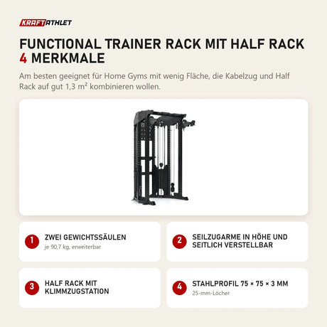 Force USA Functional Trainer Rack mit Half Rack mit 4 Merkmalen: Zwei Gewichtssäulen, Seilzugarme in Höhe und seitlich verstellbar, Half Rack mit Klimmzugstation, Stahlprofil 75 × 75 × 3 mm