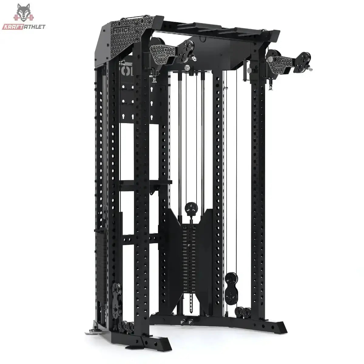 Force USA Functional Trainer Rack mit Half Rack in Schwarz, Schrägansicht mit Seilzug und Gewichtsstapel