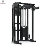 Force USA Functional Trainer Rack mit Half Rack in Schwarz, Schrägansicht mit Seilzug und Gewichtsstapel