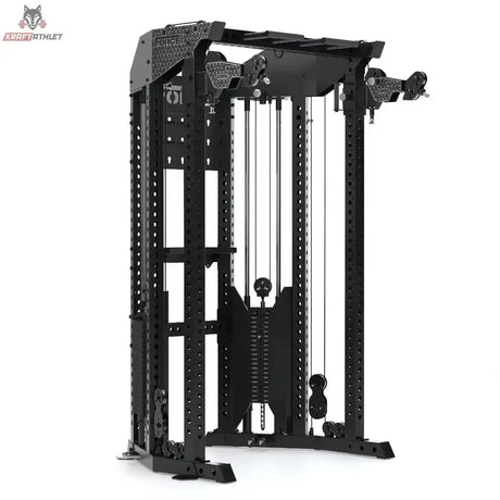 Force USA Functional Trainer Rack mit Half Rack in Schwarz, Schrägansicht mit Seilzug und Gewichtsstapel