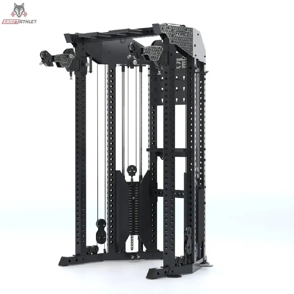 Force USA Functional Trainer Rack mit Half Rack in Schwarz, Seitenansicht mit Klimmzugstange