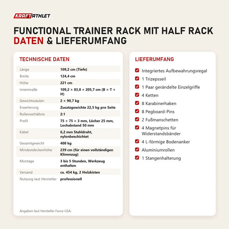 Technische Daten und Lieferumfang von Force USA Functional Trainer Rack mit Half Rack als Tabelle