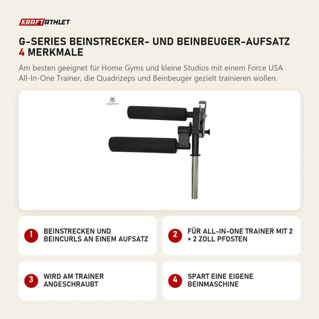 Force USA G-Series Beinstrecker- und Beinbeuger-Aufsatz mit 4 Merkmalen: Beinstrecken und Beincurls an einem Aufsatz, Für All-In-One Trainer mit 2 × 2 Zoll Pfosten, Wird am Trainer angeschraubt, Spart eine eigene Beinmaschine