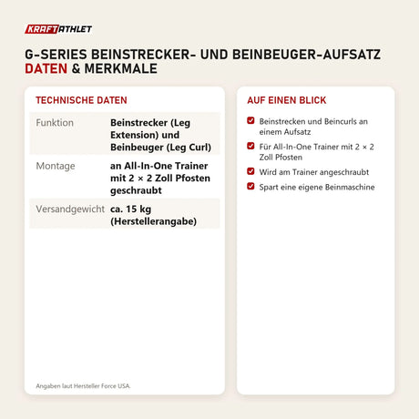 Technische Daten und Merkmale von Force USA G-Series Beinstrecker- und Beinbeuger-Aufsatz als Tabelle