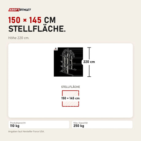 Maßbild Force USA G1 V2 All-In-One Trainer: Stellfläche 150 × 145 cm, Höhe 220 cm