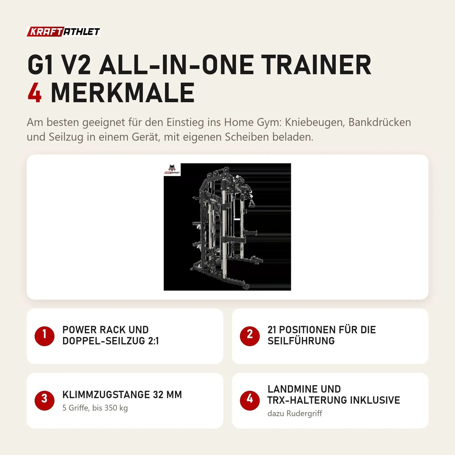 Force USA G1 V2 All-In-One Trainer mit 4 Merkmalen: Power Rack und Doppel-Seilzug 2:1, 21 Positionen für die Seilführung, Klimmzugstange 32 mm, Landmine und TRX-Halterung inklusive