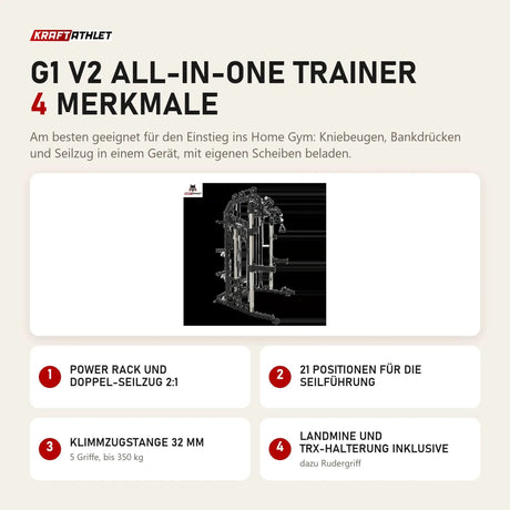 Force USA G1 V2 All-In-One Trainer mit 4 Merkmalen: Power Rack und Doppel-Seilzug 2:1, 21 Positionen für die Seilführung, Klimmzugstange 32 mm, Landmine und TRX-Halterung inklusive