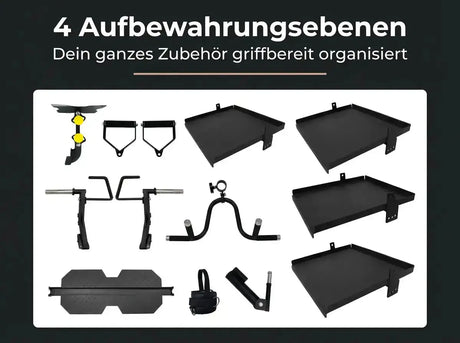 Force USA G10 & G15 Upgrade Kit, Grafik zu den Aufbewahrungsebenen mit allen Zubehörteilen