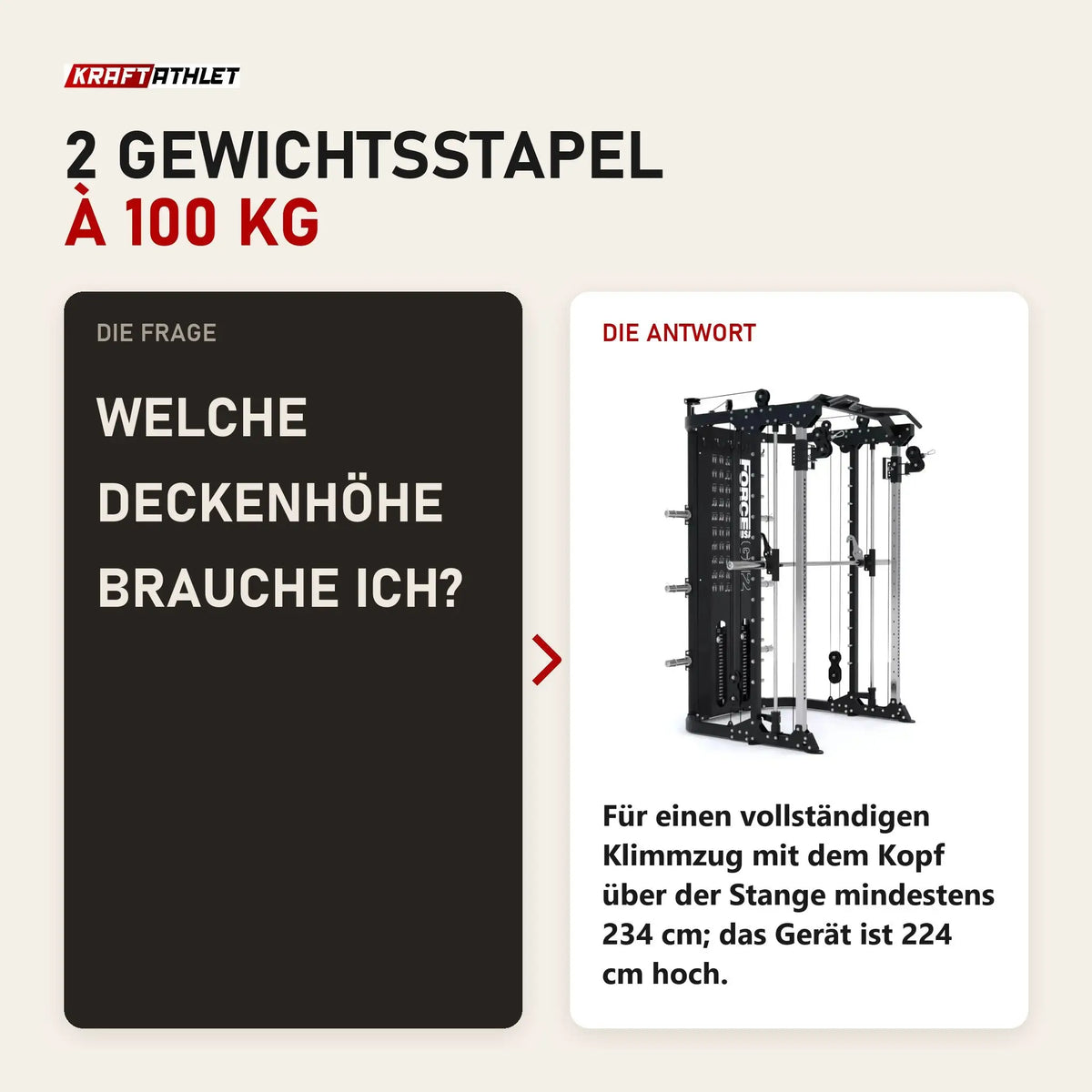 Frage und Antwort zu Force USA G12 V2 All-In-One Trainer: Welche Deckenhöhe brauche ich?