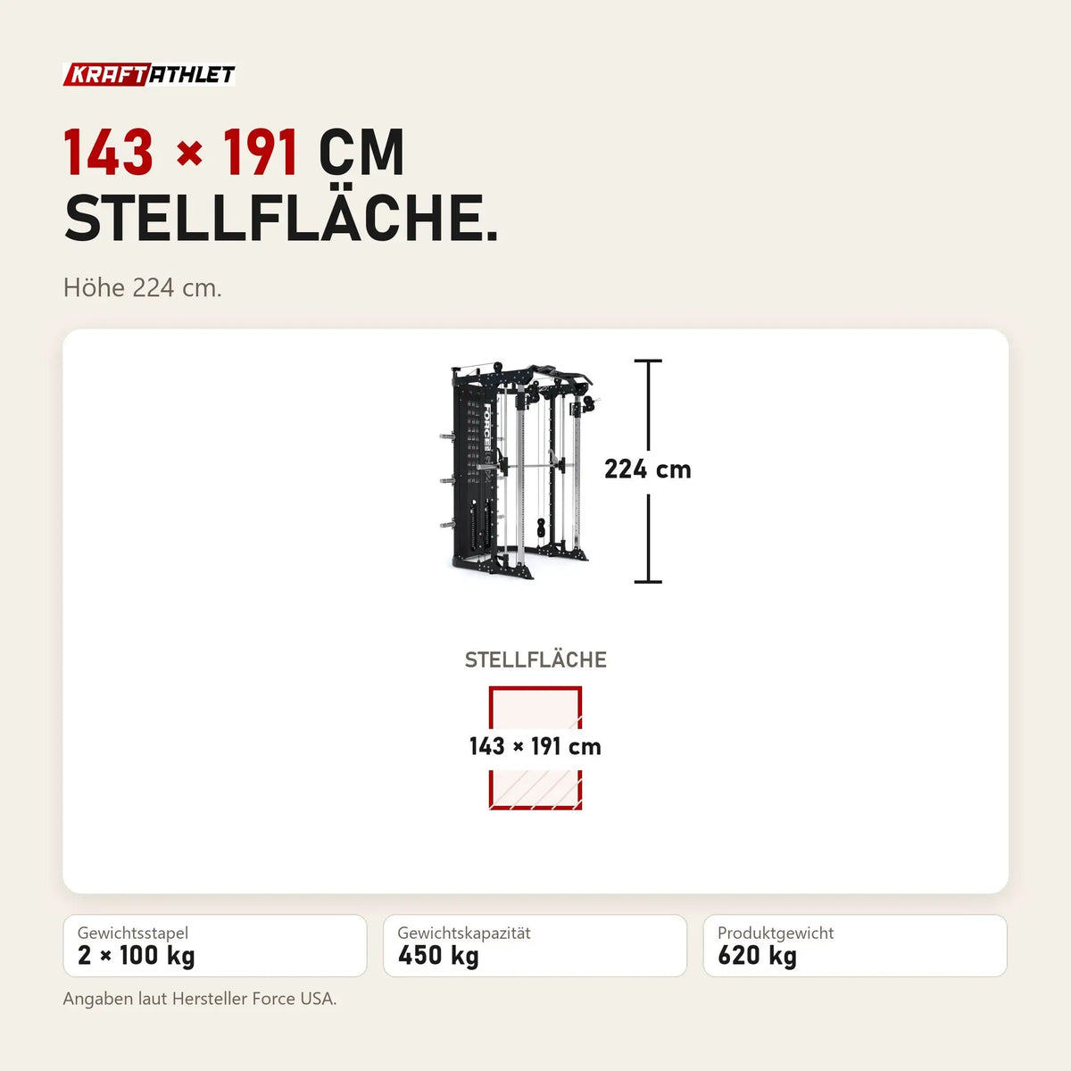 Maßbild Force USA G12 V2 All-In-One Trainer: Stellfläche 143 × 191 cm, Höhe 224 cm