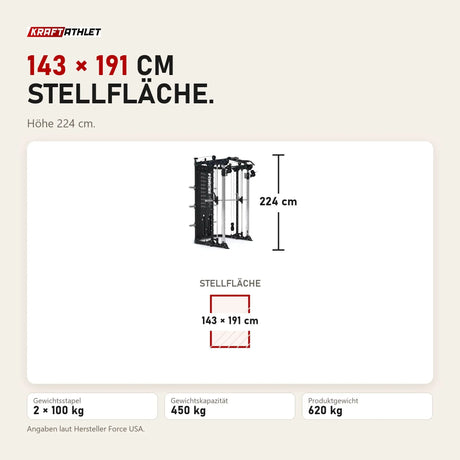 Maßbild Force USA G12 V2 All-In-One Trainer: Stellfläche 143 × 191 cm, Höhe 224 cm
