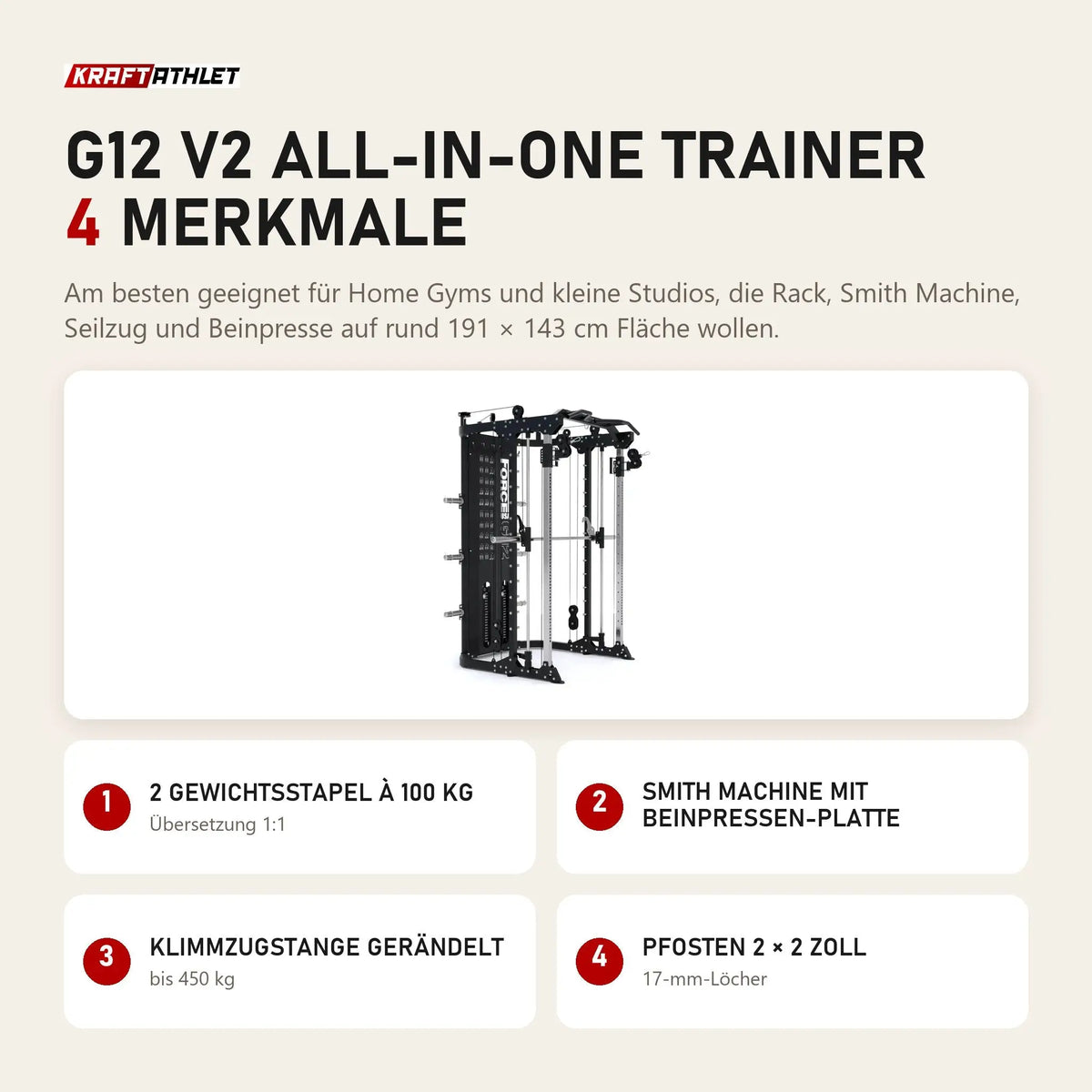 Force USA G12 V2 All-In-One Trainer mit 4 Merkmalen: 2 Gewichtsstapel à 100 kg, Smith Machine mit Beinpressen-Platte, Klimmzugstange gerändelt, Pfosten 2 × 2 Zoll