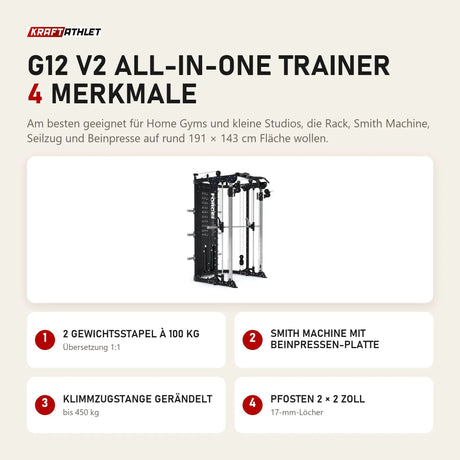 Force USA G12 V2 All-In-One Trainer mit 4 Merkmalen: 2 Gewichtsstapel à 100 kg, Smith Machine mit Beinpressen-Platte, Klimmzugstange gerändelt, Pfosten 2 × 2 Zoll