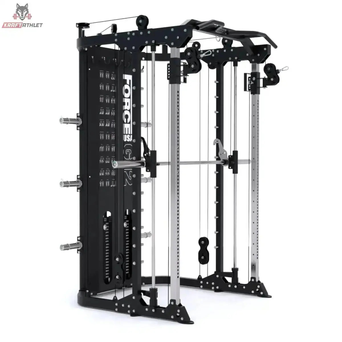 Force USA G12 V2 All-In-One Trainer in Schwarz, Schrägansicht von rechts mit Smith Machine und Seilzügen