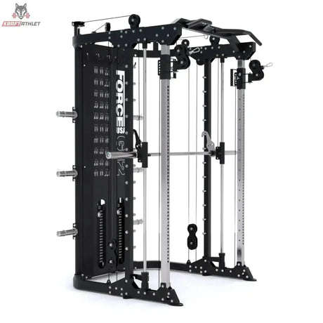 Force USA G12 V2 All-In-One Trainer in Schwarz, Schrägansicht von rechts mit Smith Machine und Seilzügen