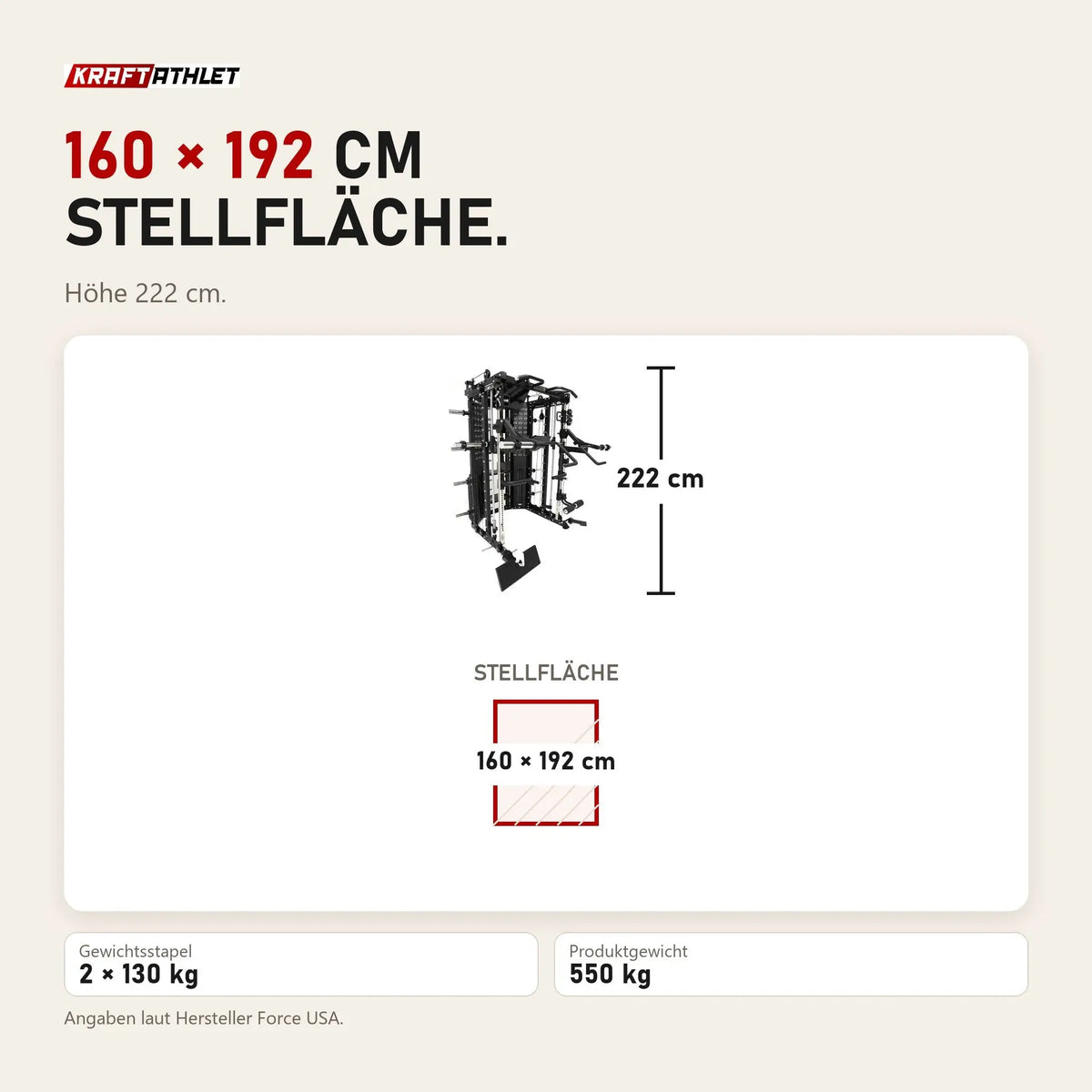 Maßbild Force USA G15 All-In-One Trainer: Stellfläche 160 × 192 cm, Höhe 222 cm