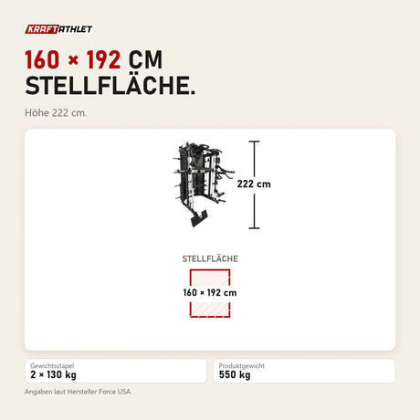 Maßbild Force USA G15 All-In-One Trainer: Stellfläche 160 × 192 cm, Höhe 222 cm