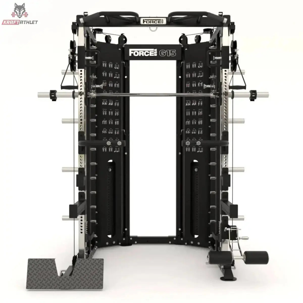 Force USA G15 Compact All-In-One Trainer in Schwarz, Frontansicht mit Smith-Maschine und Kabelzügen