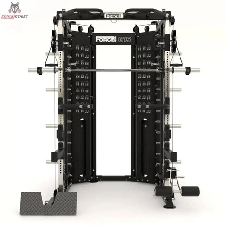 Force USA G15 Compact All-In-One Trainer in Schwarz, Frontansicht mit Smith-Maschine und Kabelzügen