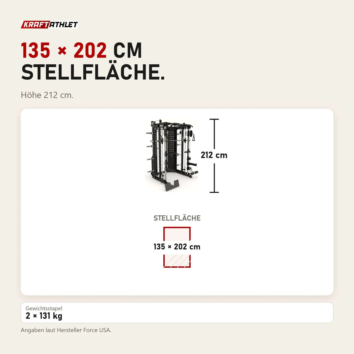 Maßbild Force USA G15 Compact All-In-One Trainer: Stellfläche 135 × 202 cm, Höhe 212 cm