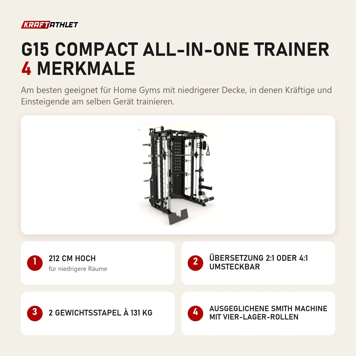 Force USA G15 Compact All-In-One Trainer mit 4 Merkmalen: 212 cm hoch, Übersetzung 2:1 oder 4:1 umsteckbar, 2 Gewichtsstapel à 131 kg, Ausgeglichene Smith Machine mit Vier-Lager-Rollen