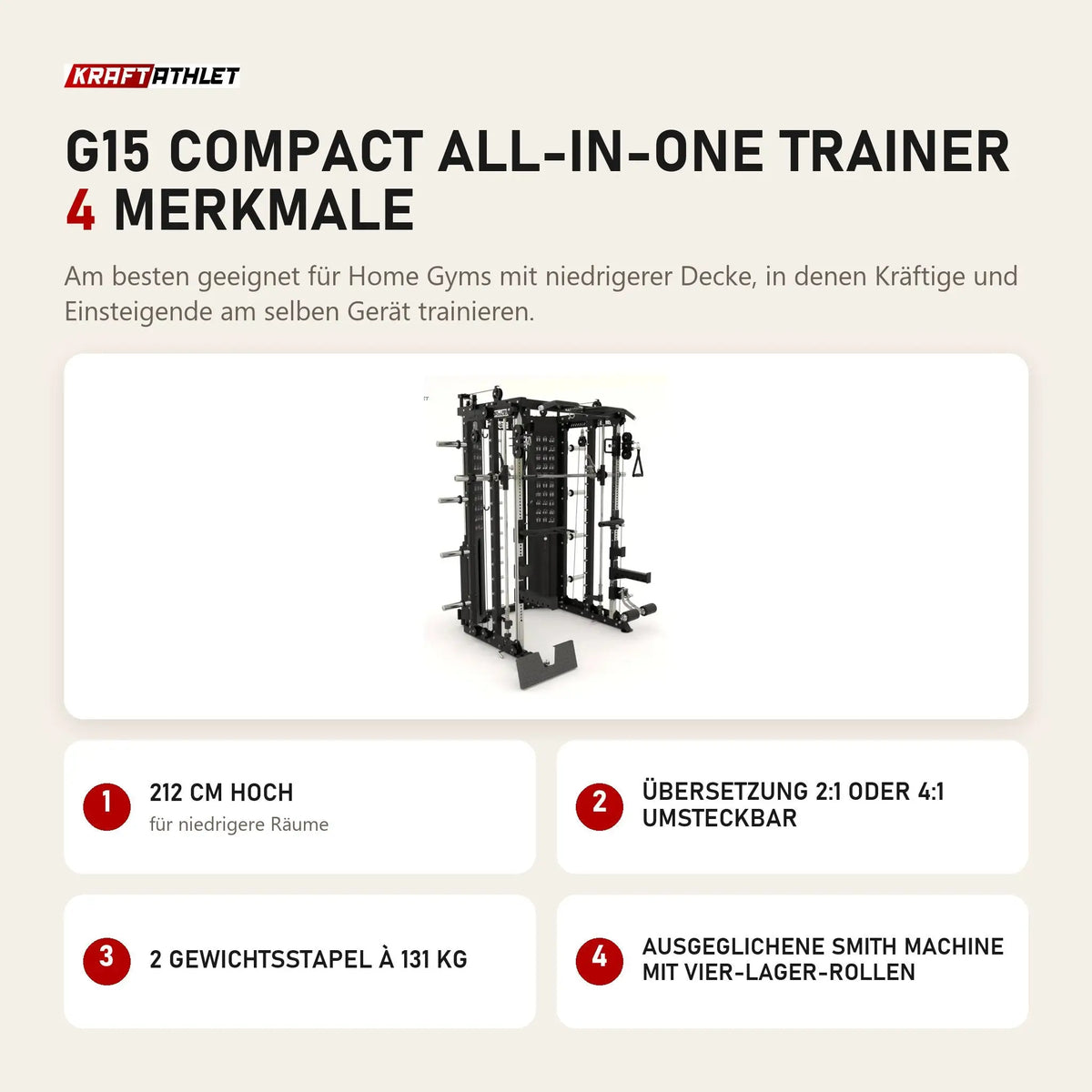 Force USA G15 Compact All-In-One Trainer mit 4 Merkmalen: 212 cm hoch, Übersetzung 2:1 oder 4:1 umsteckbar, 2 Gewichtsstapel à 131 kg, Ausgeglichene Smith Machine mit Vier-Lager-Rollen