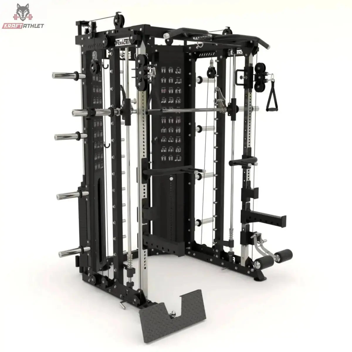 Force USA G15 Compact All-In-One Trainer in Schwarz, Schrägansicht von links mit Gewichtsstapeln