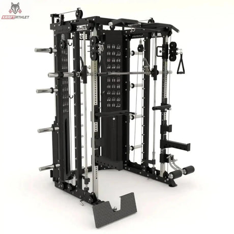 Force USA G15 Compact All-In-One Trainer in Schwarz, Schrägansicht von links mit Gewichtsstapeln