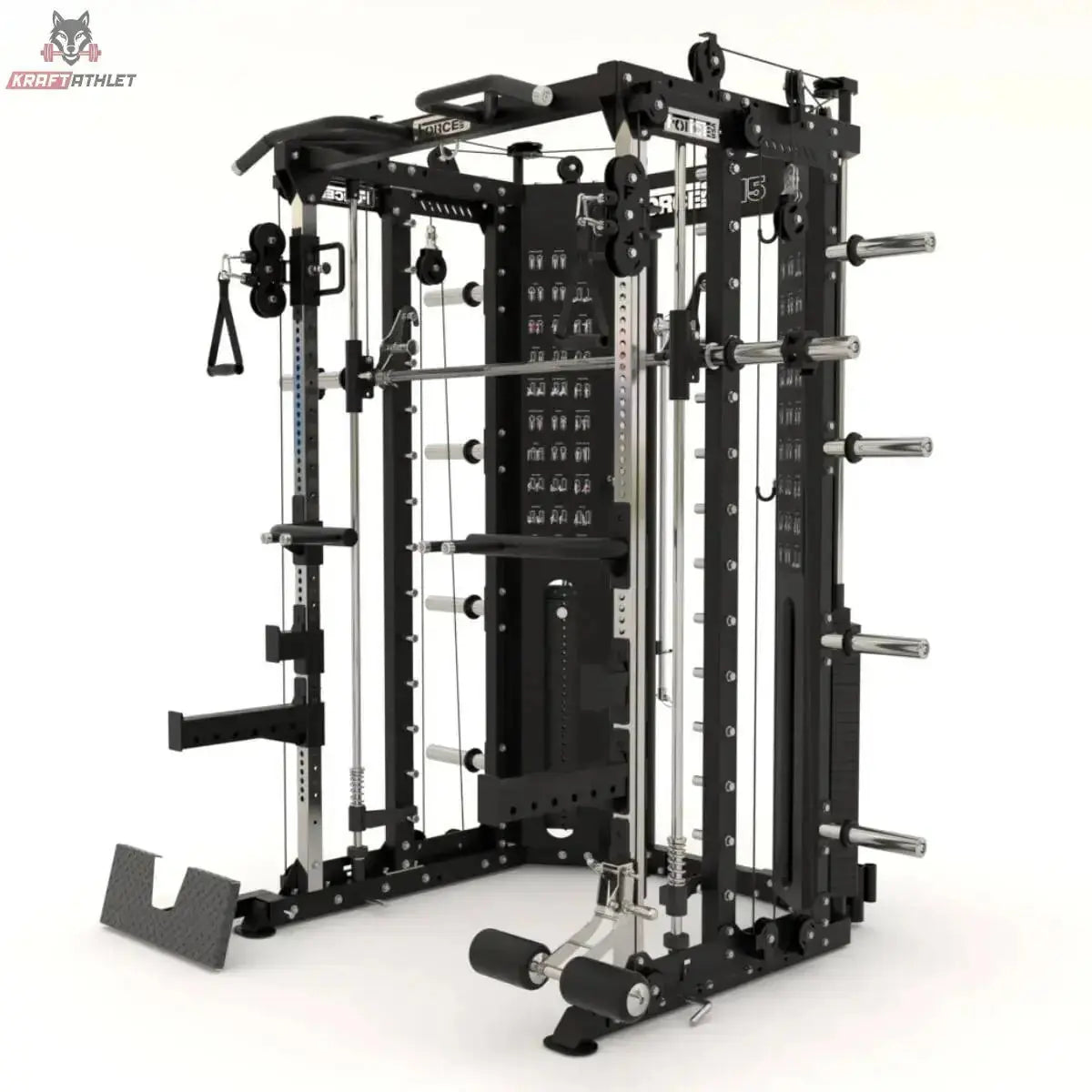 Force USA G15 Compact All-In-One Trainer in Schwarz, Schrägansicht von rechts mit Beinpolster