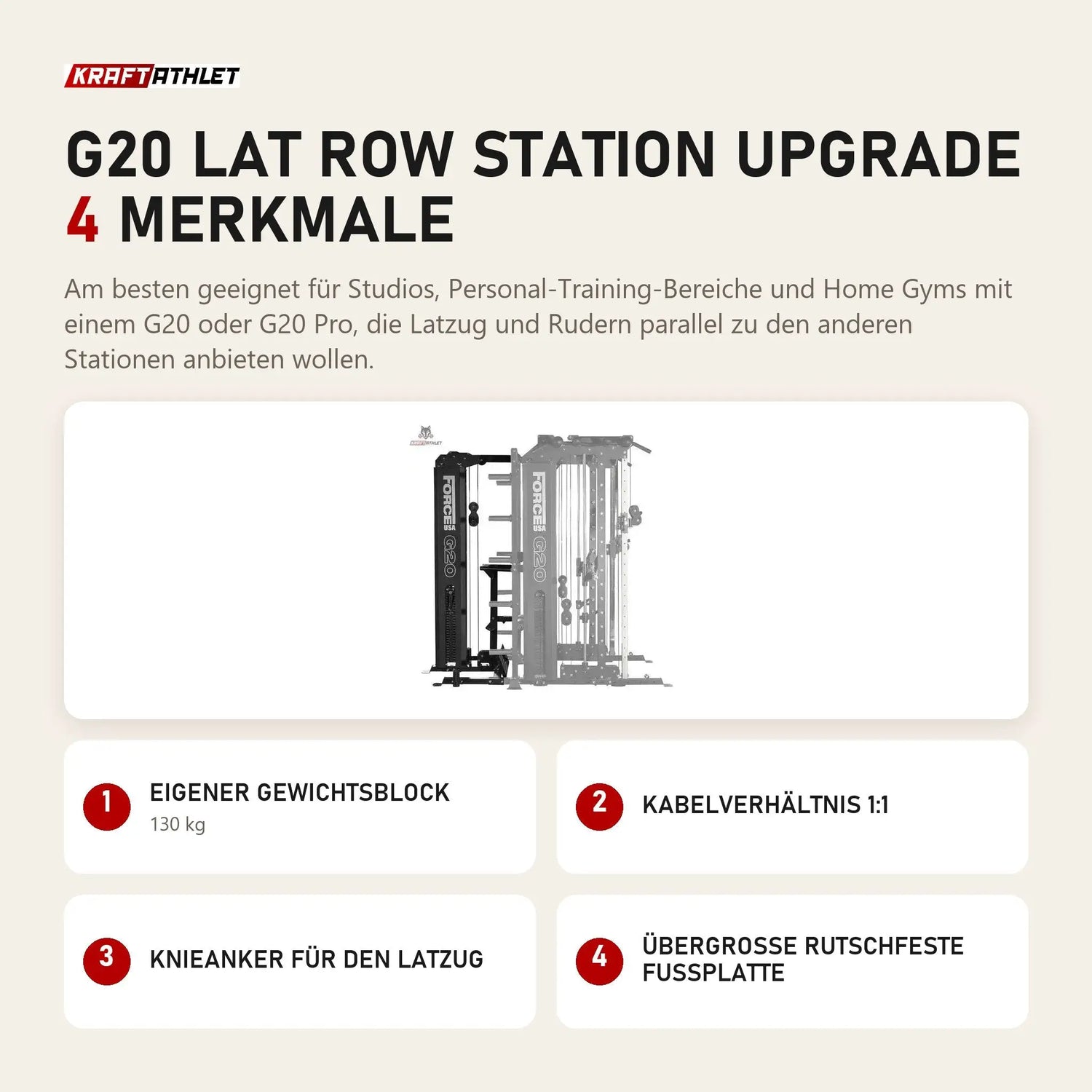 Force USA G20 Lat Row Station Upgrade mit 4 Merkmalen: Eigener Gewichtsblock, Kabelverhältnis 1:1, Knieanker für den Latzug, Übergroße rutschfeste Fußplatte