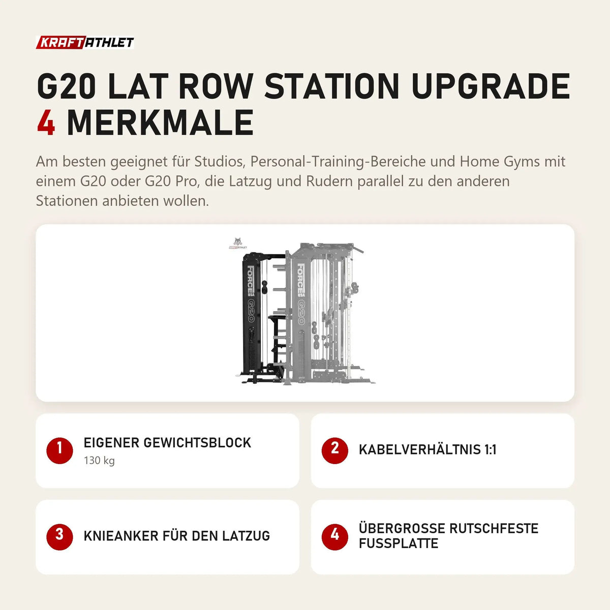 Force USA G20 Lat Row Station Upgrade mit 4 Merkmalen: Eigener Gewichtsblock, Kabelverhältnis 1:1, Knieanker für den Latzug, Übergroße rutschfeste Fußplatte