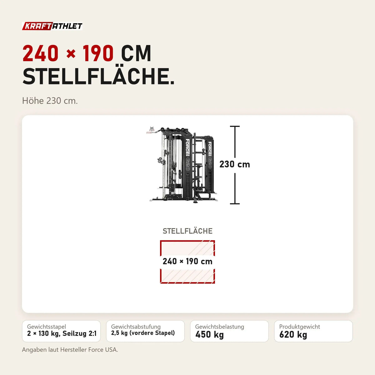 Maßbild Force USA G20 V2 Pro All-In-One Trainer mit Lat Row Station: Stellfläche 240 × 190 cm, Höhe 230 cm