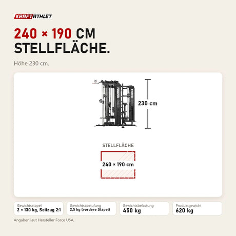Maßbild Force USA G20 V2 Pro All-In-One Trainer mit Lat Row Station: Stellfläche 240 × 190 cm, Höhe 230 cm