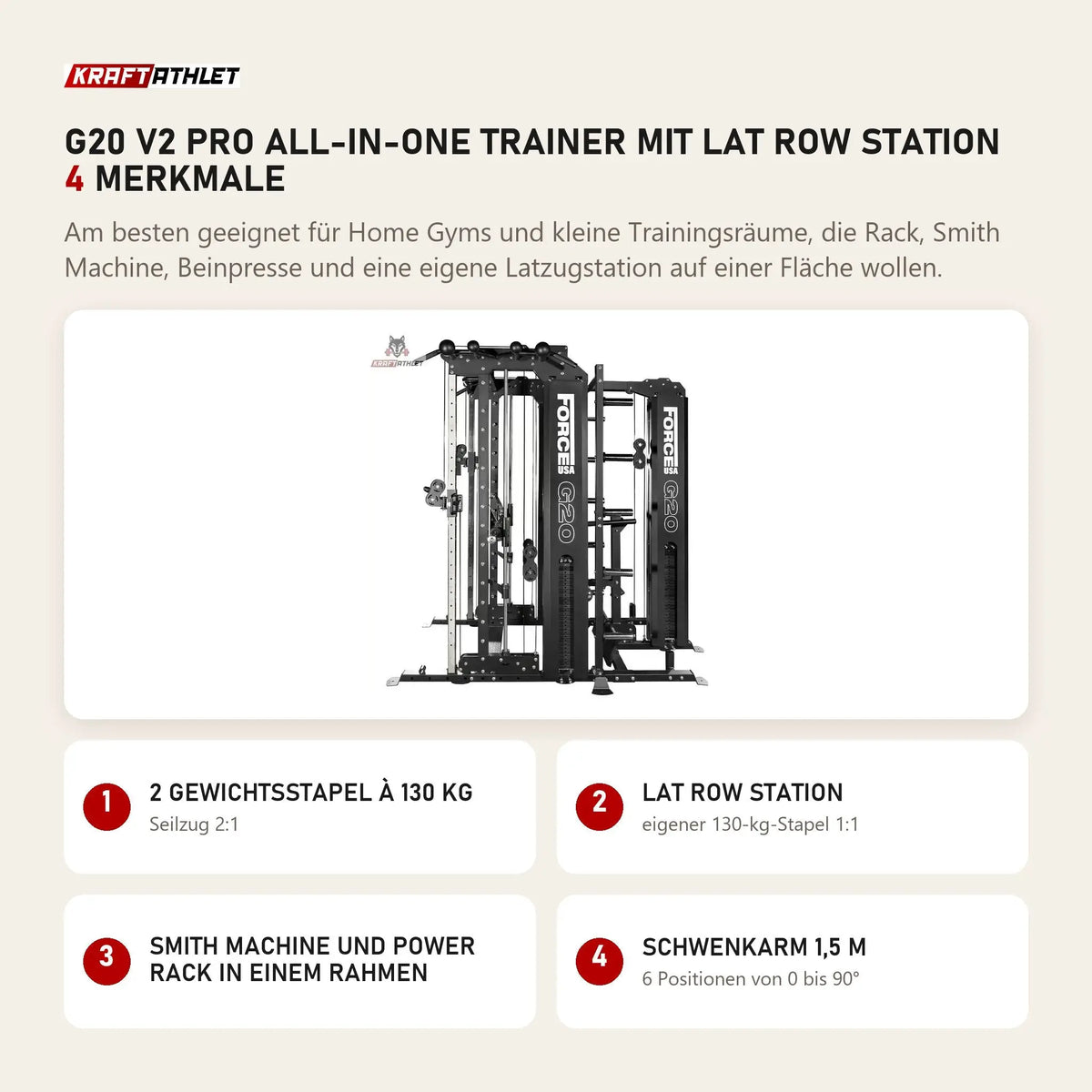 Force USA G20 V2 Pro All-In-One Trainer mit Lat Row Station mit 4 Merkmalen: 2 Gewichtsstapel à 130 kg, Lat Row Station, Smith Machine und Power Rack in einem Rahmen, Schwenkarm 1,5 m