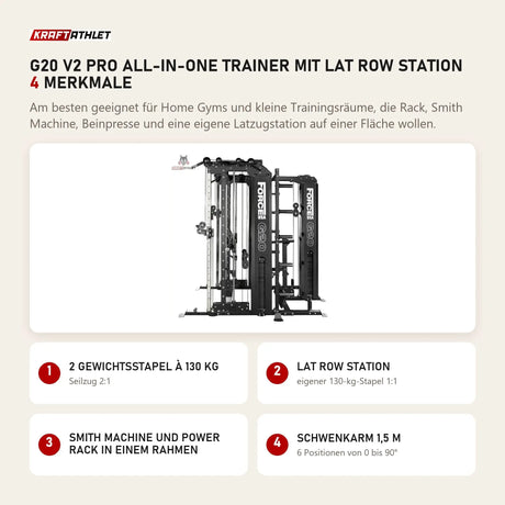 Force USA G20 V2 Pro All-In-One Trainer mit Lat Row Station mit 4 Merkmalen: 2 Gewichtsstapel à 130 kg, Lat Row Station, Smith Machine und Power Rack in einem Rahmen, Schwenkarm 1,5 m