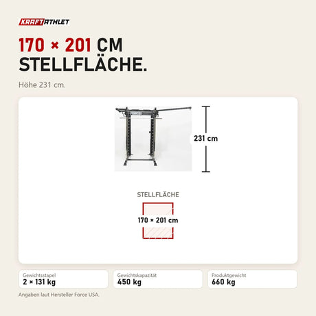 Maßbild Force USA G20 V2 Pro All-In-One Trainer: Stellfläche 170 × 201 cm, Höhe 231 cm