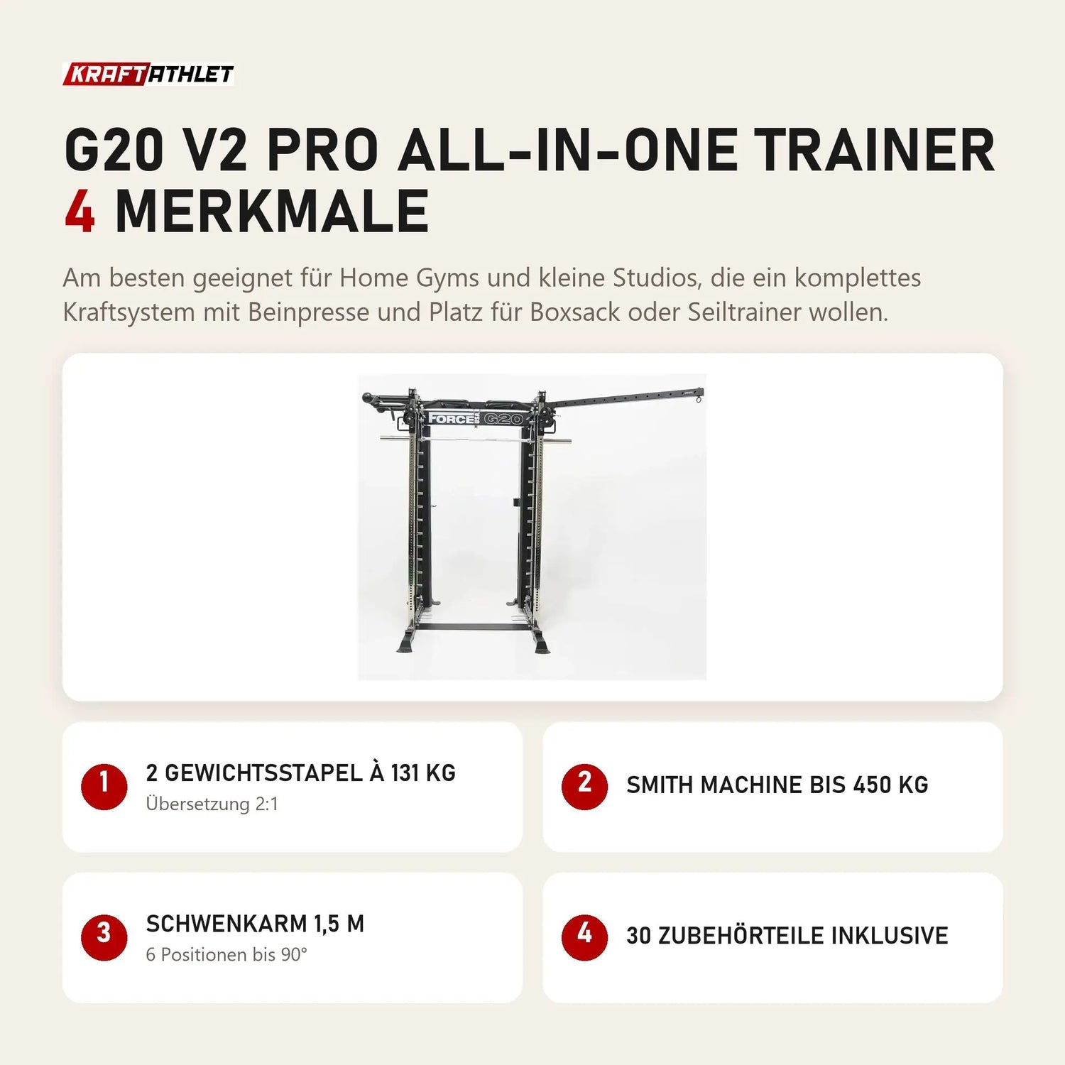 Force USA G20 V2 Pro All-In-One Trainer mit 4 Merkmalen: 2 Gewichtsstapel à 131 kg, Smith Machine bis 450 kg, Schwenkarm 1,5 m, 30 Zubehörteile inklusive