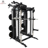 Force USA G20 V2 Pro All-In-One Trainer – Schrägansicht mit Hantelscheiben vor dunklem Hintergrund