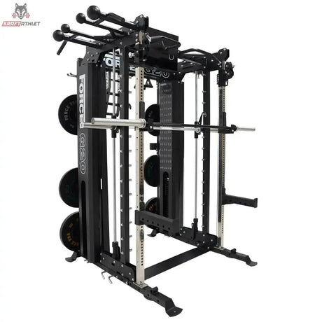 Force USA G20 V2 Pro All-In-One Trainer mit Lat Row Station, Rückansicht mit Ablage für Hantelscheiben