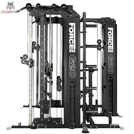 Force USA G20 V2 Pro All-In-One Trainer mit Lat Row Station, Schrägansicht mit Kabelzug und Lat-Station