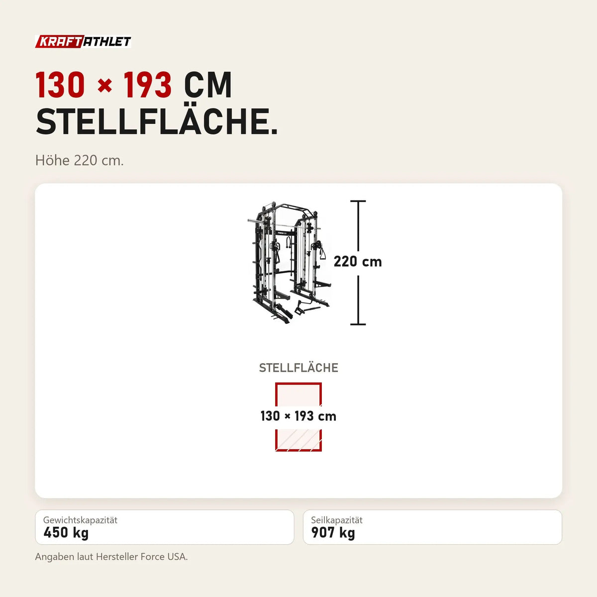 Maßbild Force USA G3 All-In-One Trainer: Stellfläche 130 × 193 cm, Höhe 220 cm