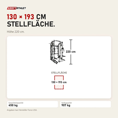 Maßbild Force USA G3 All-In-One Trainer: Stellfläche 130 × 193 cm, Höhe 220 cm