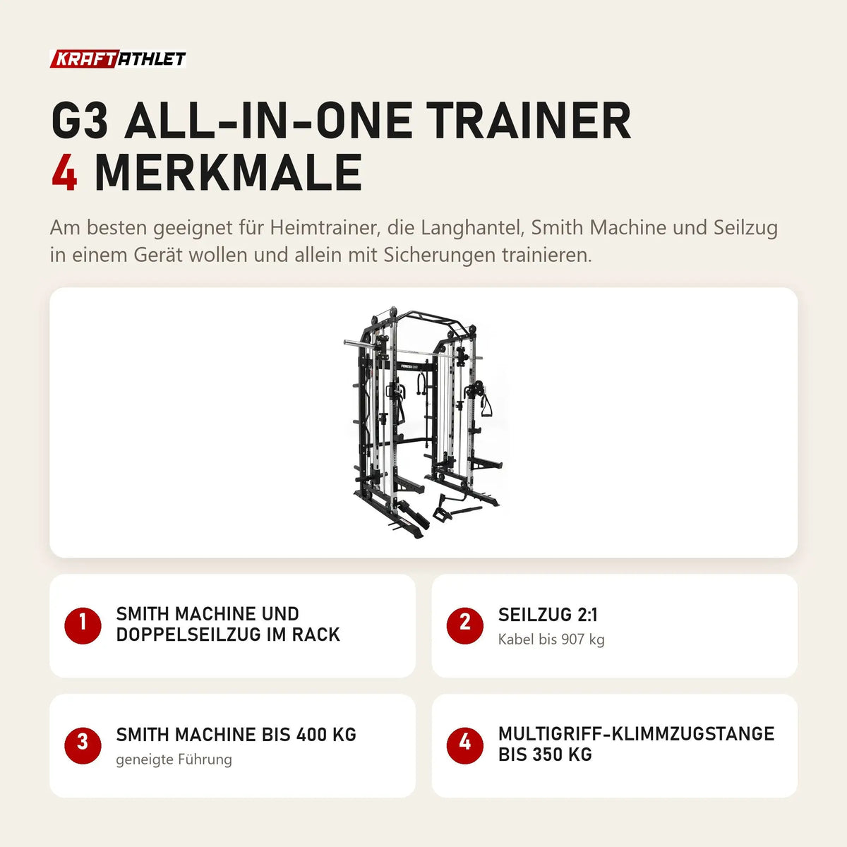 Force USA G3 All-In-One Trainer mit 4 Merkmalen: Smith Machine und Doppelseilzug im Rack, Seilzug 2:1, Smith Machine bis 400 kg, Multigriff-Klimmzugstange bis 350 kg