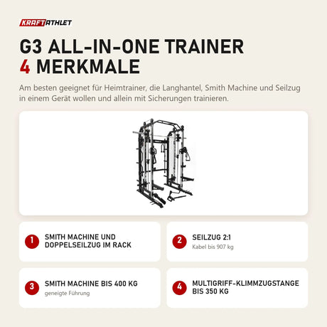 Force USA G3 All-In-One Trainer mit 4 Merkmalen: Smith Machine und Doppelseilzug im Rack, Seilzug 2:1, Smith Machine bis 400 kg, Multigriff-Klimmzugstange bis 350 kg