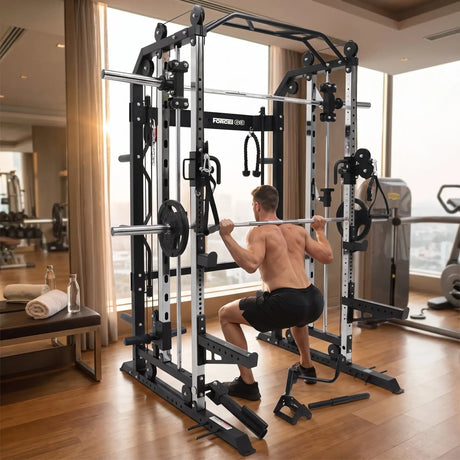 Force USA G3 All-In-One Trainer im Einsatz: Person trainiert morgens in einem hellen Hotel-Fitnessraum