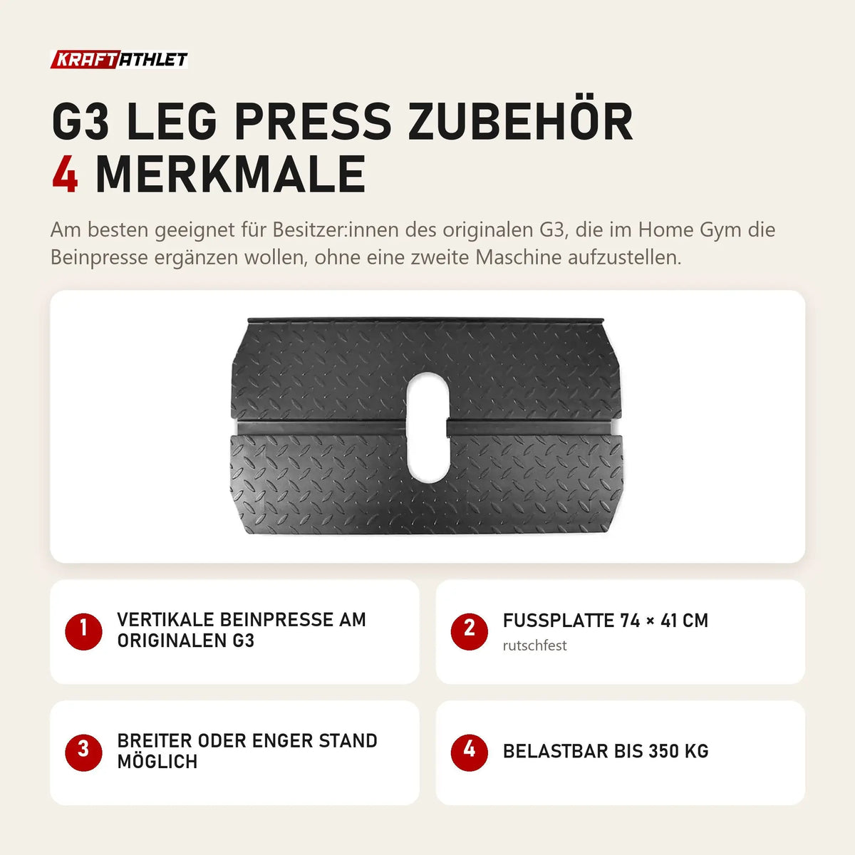 Force USA G3 Leg Press Zubehör mit 4 Merkmalen: Vertikale Beinpresse am originalen G3, Fußplatte 74 × 41 cm, Breiter oder enger Stand möglich, Belastbar bis 350 kg