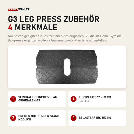 Force USA G3 Leg Press Zubehör mit 4 Merkmalen: Vertikale Beinpresse am originalen G3, Fußplatte 74 × 41 cm, Breiter oder enger Stand möglich, Belastbar bis 350 kg