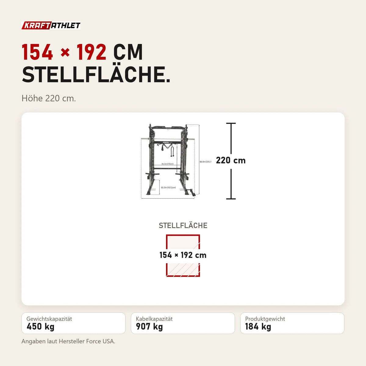 Maßbild Force USA G3 V2 All-In-One Trainer: Stellfläche 154 × 192 cm, Höhe 220 cm