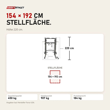 Maßbild Force USA G3 V2 All-In-One Trainer: Stellfläche 154 × 192 cm, Höhe 220 cm