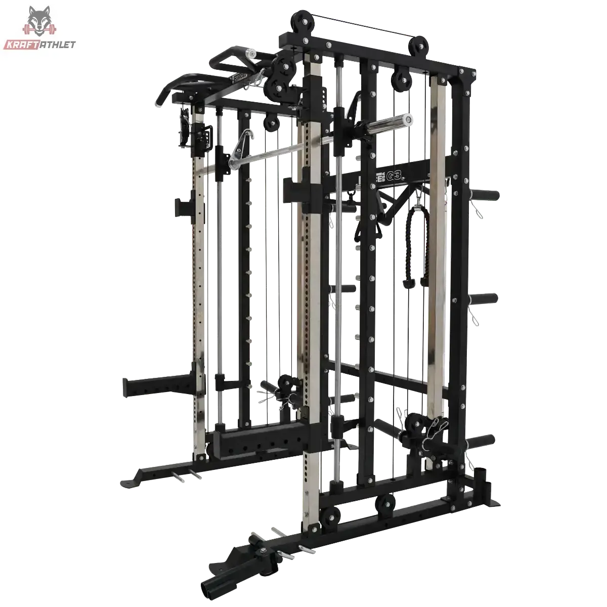 Force USA G3 V2 All-In-One Trainer – Schrägansicht mit Multipresse, Seilzügen und Hantelscheibenhaltern